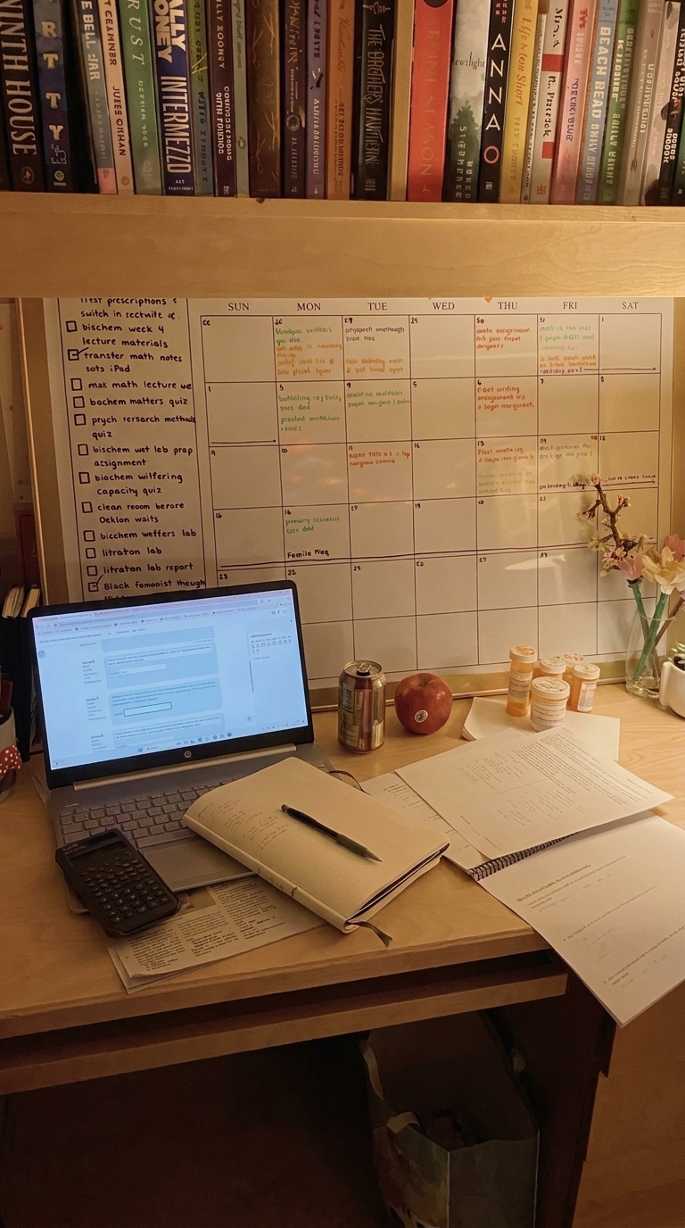 Mesa de trabalho com agenda, caderno, calculadora e papéis espalhados